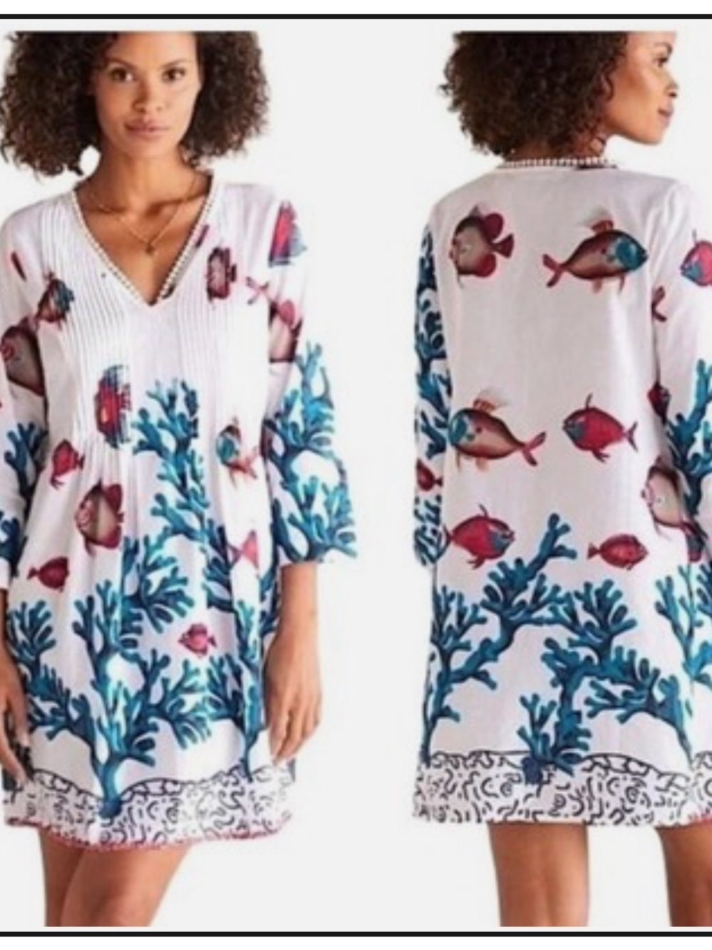 Soft Surroundings White Cotton Dress with Blue Coral and Red Fish Print Medium